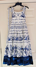 OSCAR DE LA RENTA Tiered Cotton Floral White Blue Midi Dress Size 36