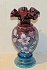 1996 Fenton Hand Painted Ruffled Vase, Amethyst & Blue, Artist Signed, 50 YR