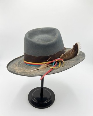 Brian Decosta Ash Green Hat with Hawk Feather & Multi-Color Leather : 7 ¼