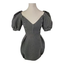 Win Win Black White Stripe Puff Sleeve Mini Dress Women's Size M (Fits XS-S)
