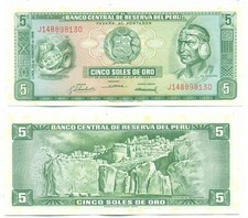 PERU NOTE 5 SOLES DE ORO 1968 P 92 UNC