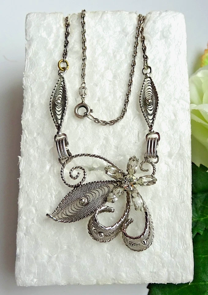 Kette / Collier 835 Silber Filigran Floral Brillant-Optik im Jugendstil 1950er - Bild 3 von 4