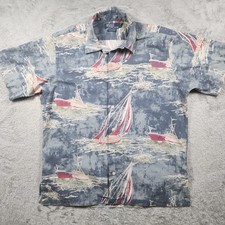 Ralph Lauren Vintage Camp Shirt Men Medium Blue Loop Collar Sailing Hawaiian AOP