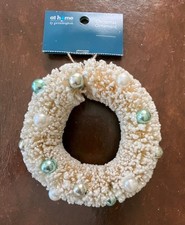 NEW Flocked Bottle Brush Wreath Ornament 5" White Aqua Green Vintage Inspired