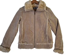 Wilsons Leather Suede Jacket Womens Medium Tan Faux Shearling Trim Zip Aviator