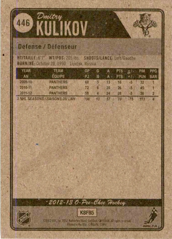 2012-13 O-Pee-Chee Dmitry Kulikov #446 - Image 2 of 2