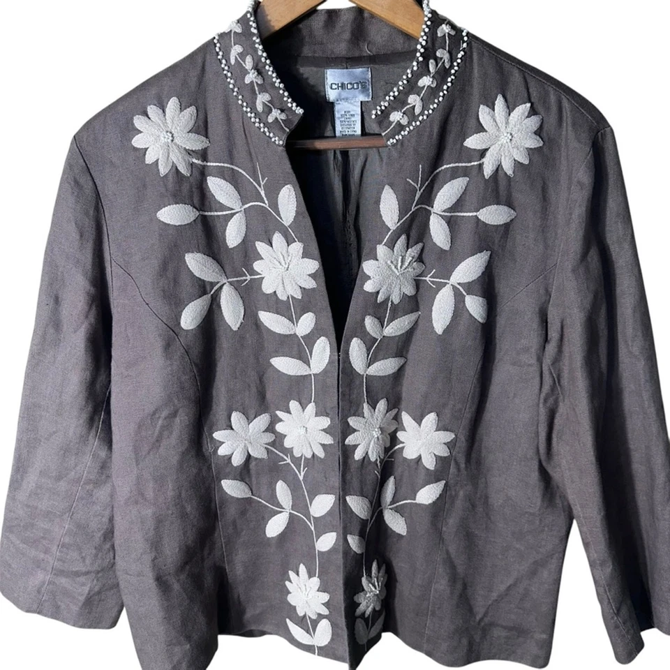 Chicos Linen Floral Embroidered Beaded Cardigan Size 2 (US Large) - Image 3 of 4