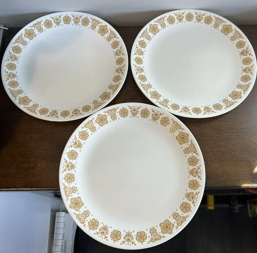 Vintage Corelle CORNING Ware Harvest Gold Butterfly Dinner Plates Set of 3 VGUC