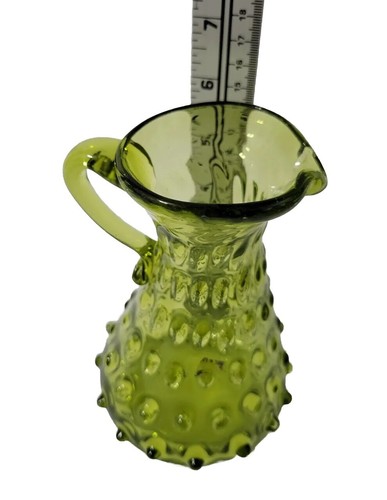 Vintage Hand Blown Green Hobnail Pitcher Glassware Italy Applied Handle - Picture 8 of 8