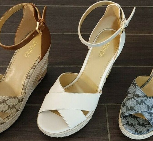 Nuevo $184 firma MK Logo Michael Kors Cuña Sandalia Zapatos Tacón Vainilla  tan Azul | eBay
