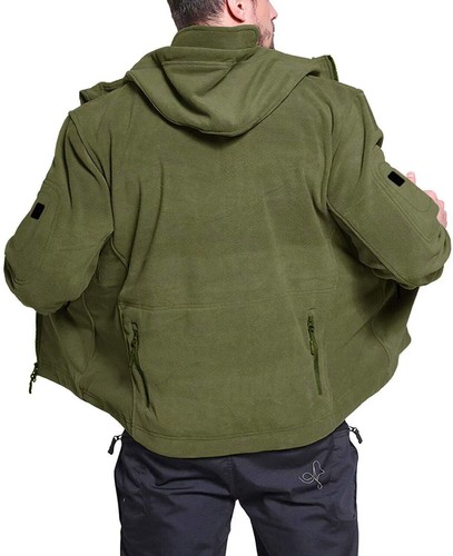 Men's Tactical Fleece Jacket Full-Zip Up Outdoor Windproof Hooded Warm Work Coat - Picture 18 of 43