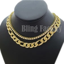 Hip Hop Iced Gold plated 18" Figaro & 1 Row CZ Tennis Choker Chain Necklace