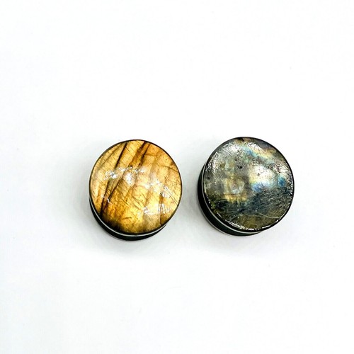 Pair of Natural Labradorite Yellow Flesh Plugs, Double Flare Size 3mm to 50mm - Picture 7 of 7