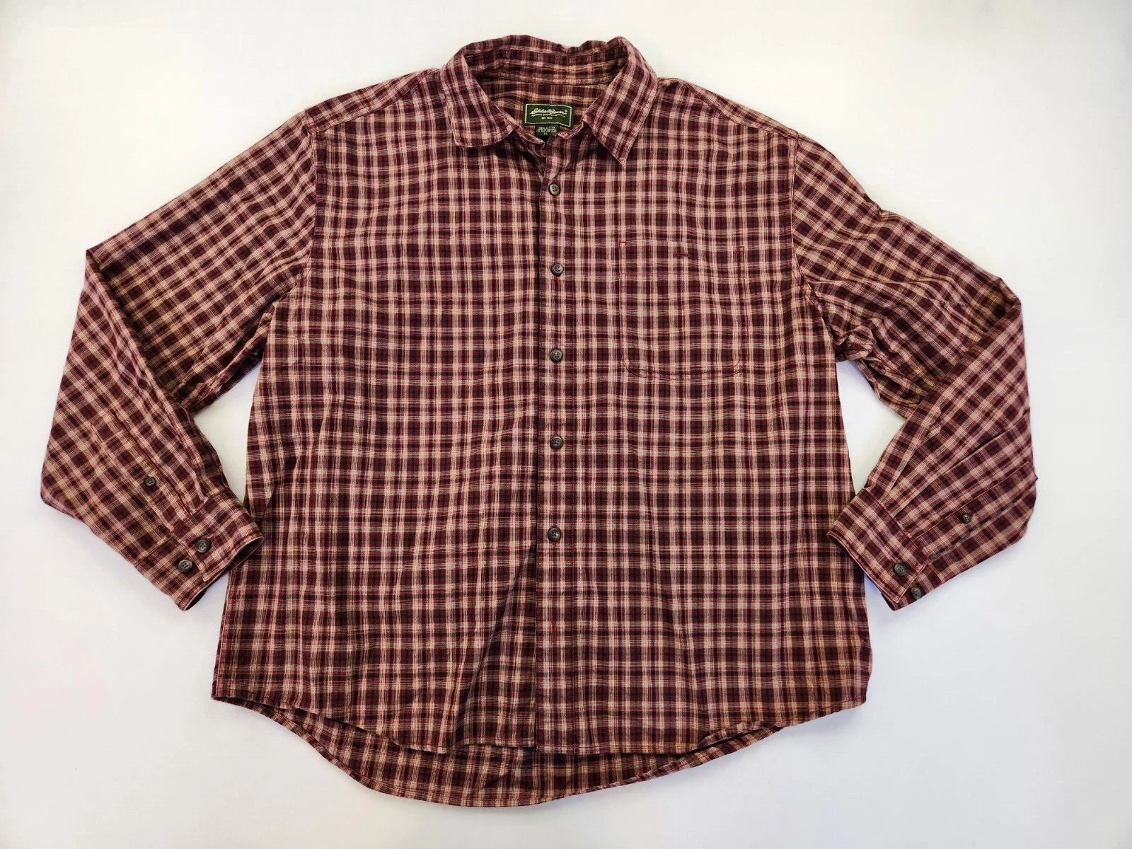 Eddie Bauer Men Tall XL Button Up Dress Shirt Dark Red Plaid Long Sleeve Outdoor