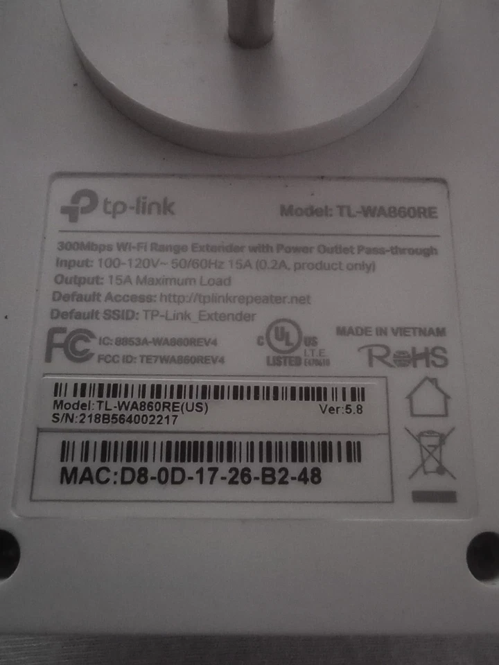 TP-LINK TL-WA860RE 300Mpbs Wi-Fi Range Extender Power Outlet Pass-though TESTED - Image 3 of 4
