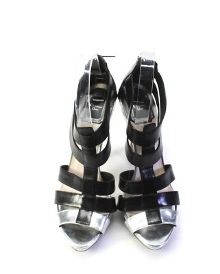 Christian Dior Womens Metallic Leather Strappy Sandals Black