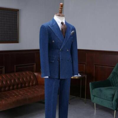 Outdoor Denim Herren Anzüge Spitzes Revers Blazer Zweireiher Business Smoking