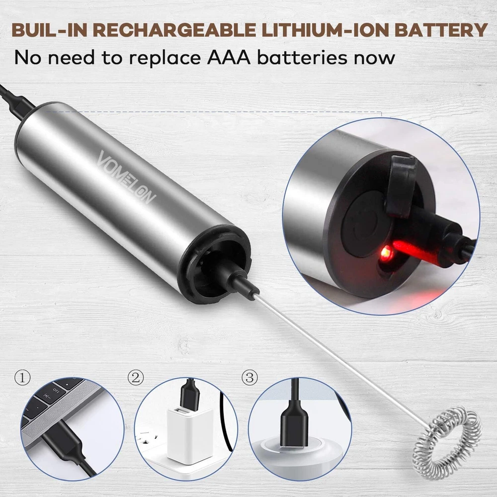 Milk Frother,Rechargeable 3 Speed Electric Coffee Foamer for Silver +3 whisk
