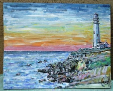 CRESTBLUFF LIGHTHOUSE 8x10 ocean oil painting original art wood signed Crowell 