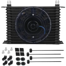 15 ROW ALUMINUM ENGINE TRANSMISSION OIL COOLER 6AN HOSE ADAPTER ELECTRIC FAN KIT