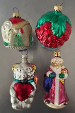 German Glass Christmas Ornament ELEPHANT BERRY SANTA TEDDY BEAR Lot of 4 Vntg