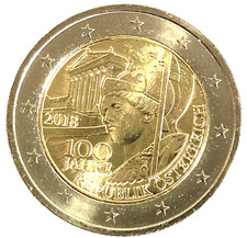 Austria 2 Euro Commemorative Coin 2018 UNC "100 Years Republic" Uncirculated, UNC