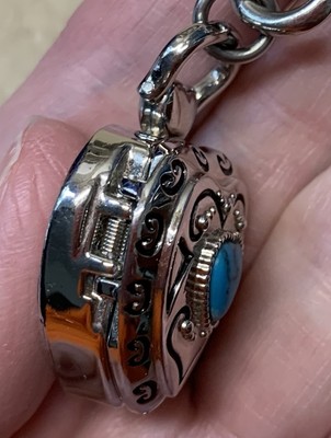 Pocket Keychain Watch Heart Shaped Hinged Silver Tone 