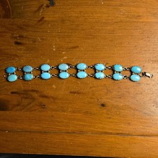 925 Sterling Silver Oval Link Turquoise Bracelet Blue Oval Stone Lobster Clasp