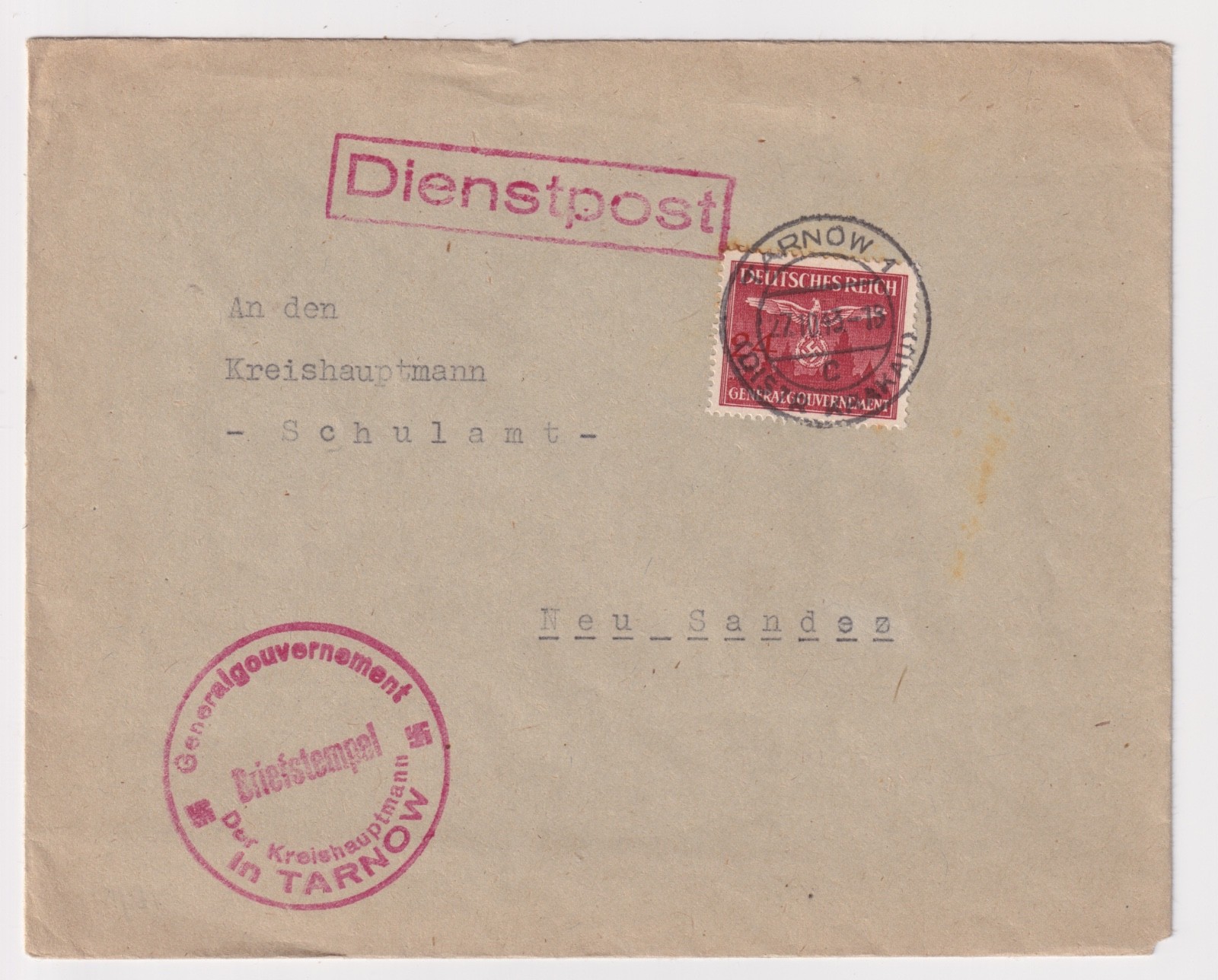 WW2 Comandante TARNOW Polonia 1943 Gobierno General Cubierta Oficial a Nowy Sącz