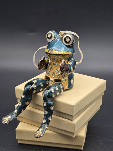 Metal Enamel Jeweled Jointed Frog Christmas Ornament Shelf Sitter