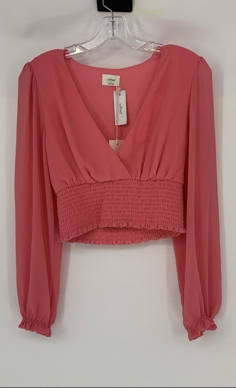 Wilfred Womens Pink Smocked Waist Long Sleeve Cropped Blouse Top Size Small