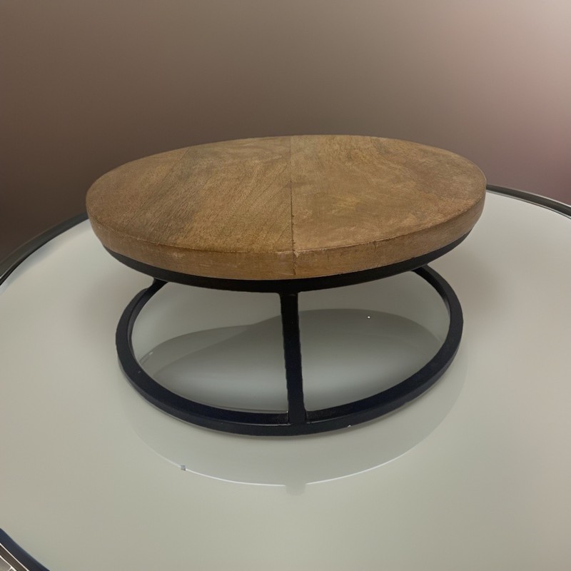 Modern Round Wood and Metal Stand, Brown and Black Display Platform