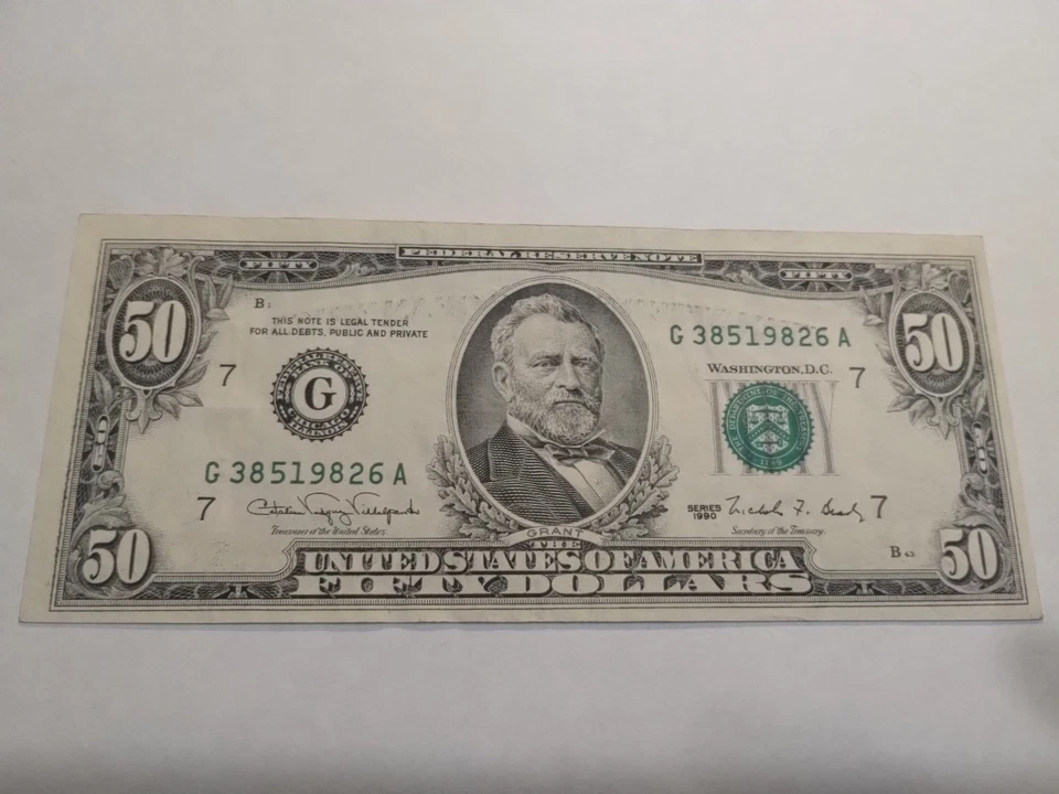 50 DOLLAR FEDERAL RESERVE NOTE 1990 ERROR SOLVENT INK BLEED THROUGH BACK TO FRON - Image 2 of 4