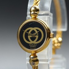 Vintage Gucci 2047L Black GG Dial 20mm Gold Bangle Women's Quartz Watch From JP