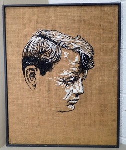 Vintage Crewel Embroidery on Burlap JFK Portrait 19.75" x 24.5" Framed