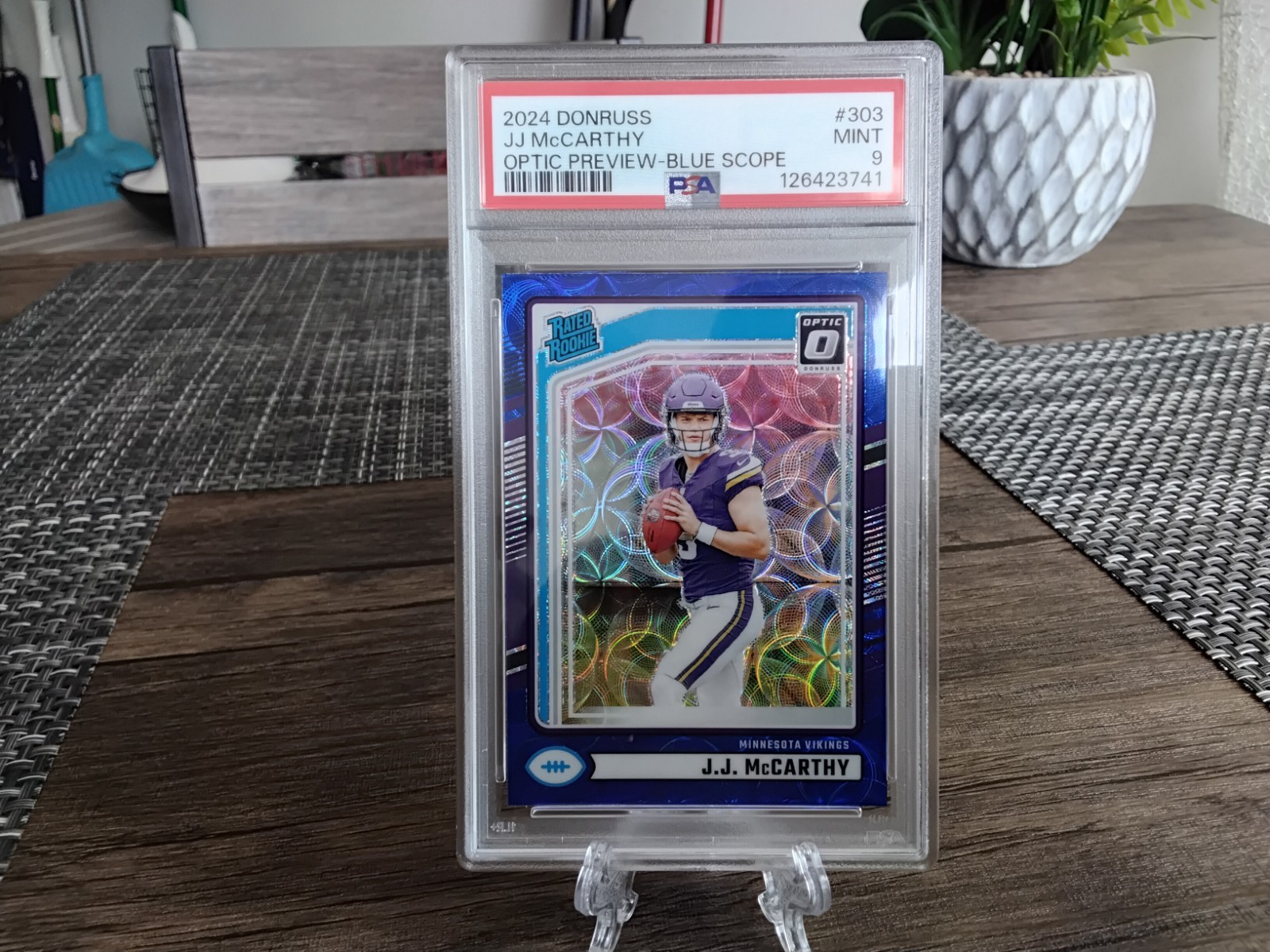 2024 Donruss J.J. McCarthy #303 Optic Preview Blue Scope Prizm (RC) PSA 9