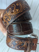 Tony Lama Men's Pinto Classic C42335 belt in brown croco-embossed & tooled 46