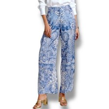Johnny Was Lauchlen Silk Blend High Waist Wide Leg Pants Blue Size M NWT