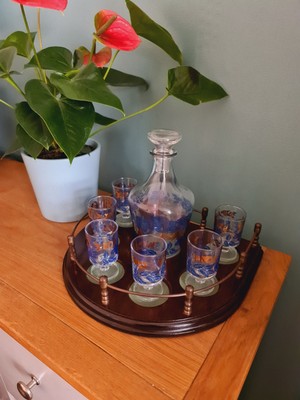 Vintage Französische Karaffe Set Luminarc Gold/Königsblau Blatt Tipp Gläser & Tablett