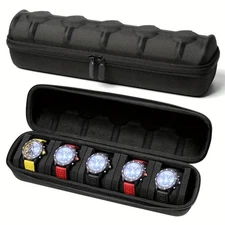 5 Watch Travel Case Hard Shell EVA Zipper Storage Box w/ Pillows Handle Black