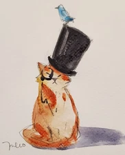 Fancy Cat Top Hat Portrait Watercolor Canvas PRINT By Artist Jose TRUJILLO 16x20