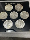Set 1986-1992 American Silver Eagle 7 Troy Oz .999 Fine Silver, Plastic Holder