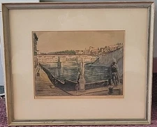 Bela Sziklay Hungarian Artist Hand Colored Etching Of Ponte Vecchio In Italy 