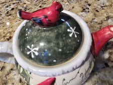 4¾"Christmas Cardinal Yankee Candle Teapot Tealight Farmhouse Cottage Holly Bird