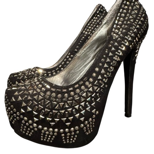 Breckelles Black Studded Platform Stiletto Heels Sz 7 Glam Bling Pumps 6in Heels - Picture 2 of 18
