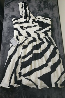 #ad Express size 10 Dress Black Ivory stripes Cocktail one shoulder side zipper New $99.00