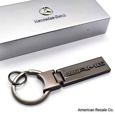 Genuine Mercedes Benz Gloss Gunmetal Silver Elongated Key Fob Keychain OEM-Boxed