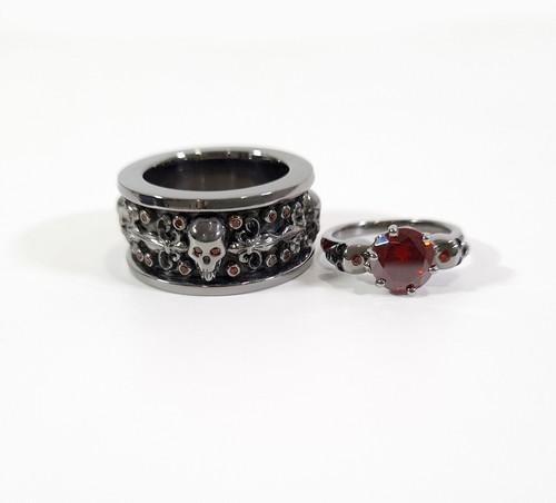 Dark Vampire Queen Inspired Matching Skull Wedding Ring Band Couple Gun Metal Fn - Picture 4 of 10