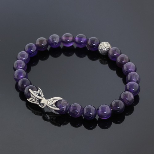 David Yurman Men Silver Accent Wave 8MM Amethyst Spiritual Beads Bracelet 8" - 第 1/6 張圖片