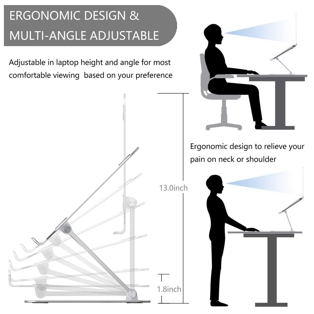Adjustable Aluminum Laptop Stand Ergonomic Desk Riser with Heat Ventilation   
